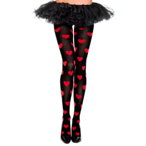 Music Legs 677-BLACK-RED Heart Print Spandex Opaque Pantyhose, Black & Red